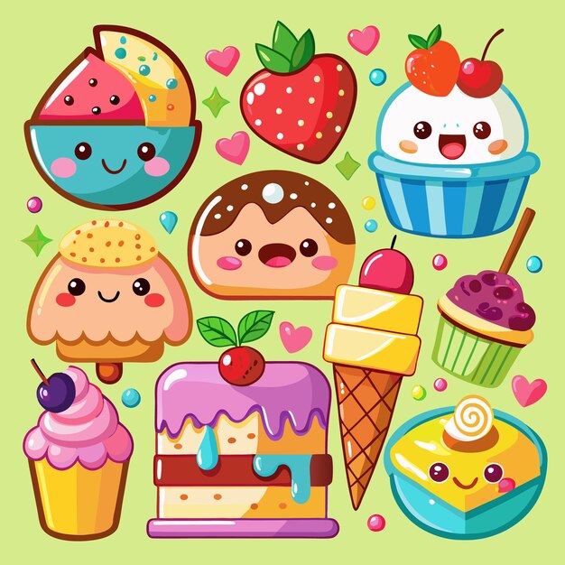 Vector a collection of 9 cute cartoon desserts with happy faces including a watermelon a cake a cupcake a strawberry a pudding a donut an ice cream and two others