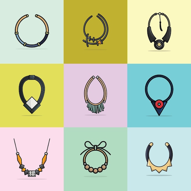 Collection of 9 Women Fashion Metal Neck Necklaces vector illustration Beauty fashion objects icon