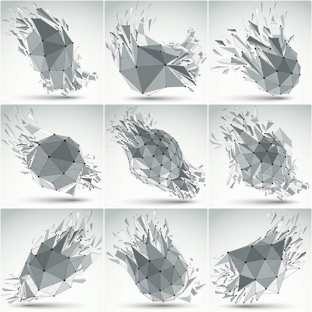 Collection of abstract 3d faceted figures with black connected lines and dots. Set of vector low poly shattered grayscale graphic elements with fragments and particles. Explosion effect.