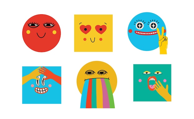 Collection of abstract comic Faces with various Emotions Crazy Abstract comic geometric shape characters elements and faces Vector Illustration