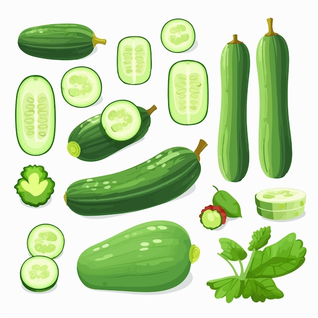 A collection of abstract cucumber illustrations in a bold and vibrant style