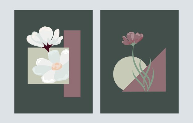 Vector collection of abstract flower posters minimalistic art with geometric shapes and blooming plants