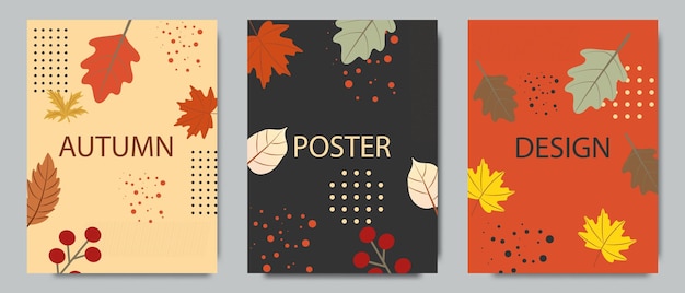 Vector collection of abstract geometric minimalist autumn posters on dark background modern background