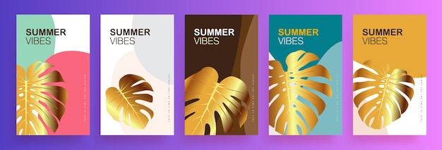 Collection of abstract summer banner background designs with gold tropical leaf