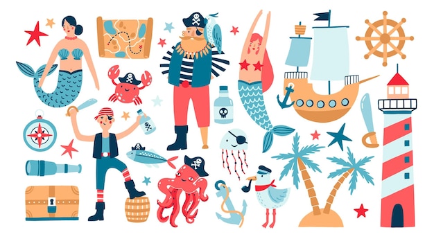 Collection of adorable pirates, sail ship, mermaids, sea fish and underwater creatures, treasure chest, lighthouse isolated on white background. Childish vector illustration in flat cartoon style