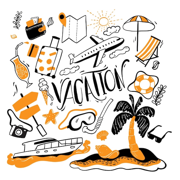 Vector collection of adventure tourism, travel abroad, summer vacation trip,  hand drawing the element of vacation with doodle style