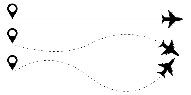 Collection of airplane route vector icons. Set with airplane dotted path. Plane and track.