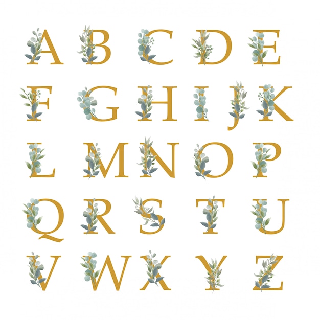 collection of alphabet with watercolor style leaves