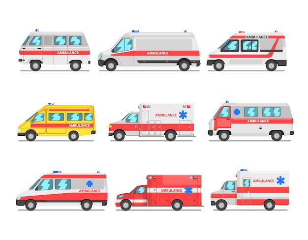 Collection of ambulance service cars emergency medical vans vector Illustration isolated on a white background