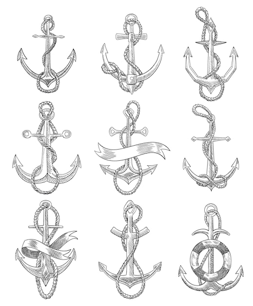 Collection of anchors with rope. Sketch engraving icons vector illustration. Hand drawn print design image. Nautical symbols in vintage style. Retro drawing