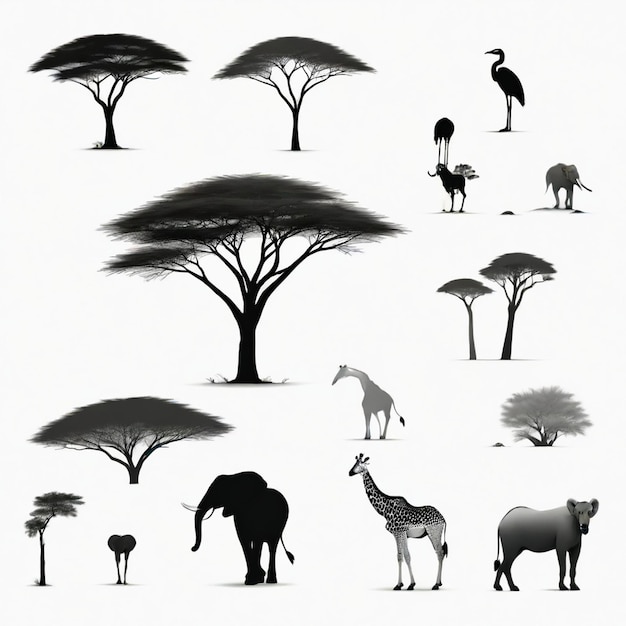 a collection of animals and trees with a white background