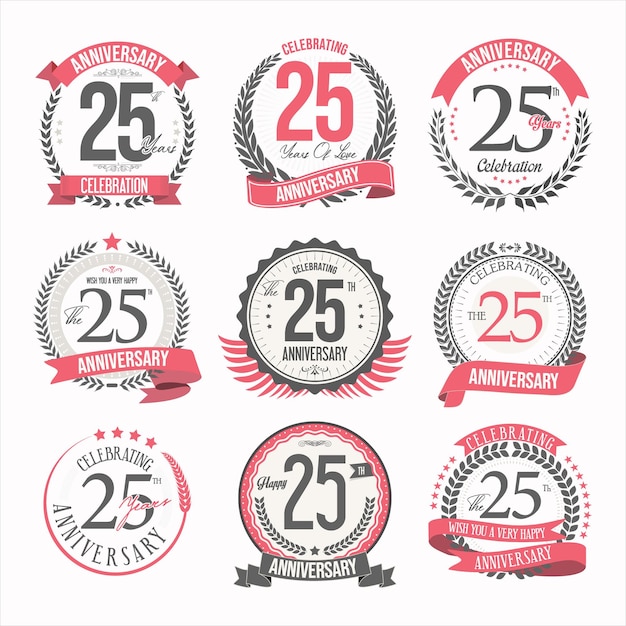 Collection of anniversary badges and labels retro design