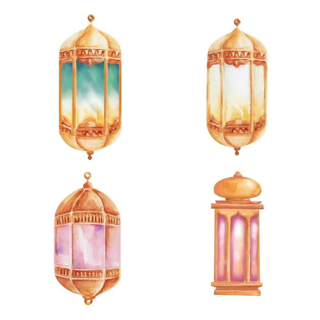 Collection of arabic gold lantern hand painting watercolor