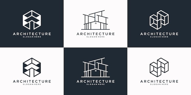 Collection of architecture logo design template. Minimalist building, real estate, renovation, home logo with line art style.