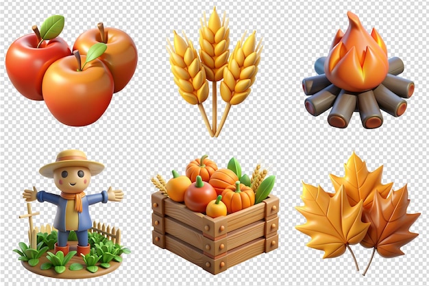 Vector collection of autumn elements including autumn harvest maple leaves straw scarecrow wheat ears