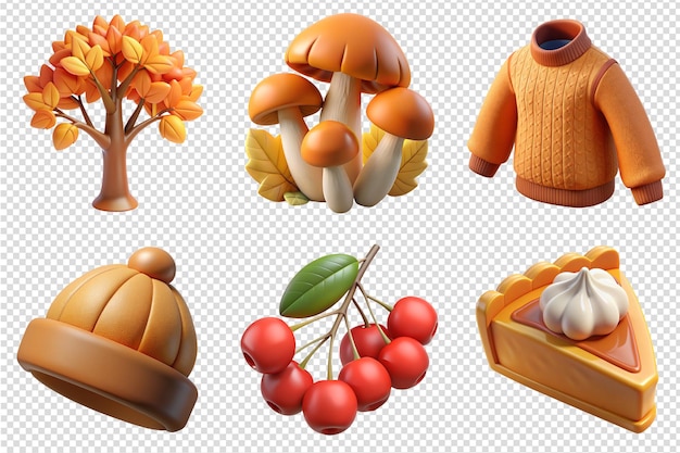 Vector collection of autumn elements including autumn tree pumpkin pie mushrooms wool sweater