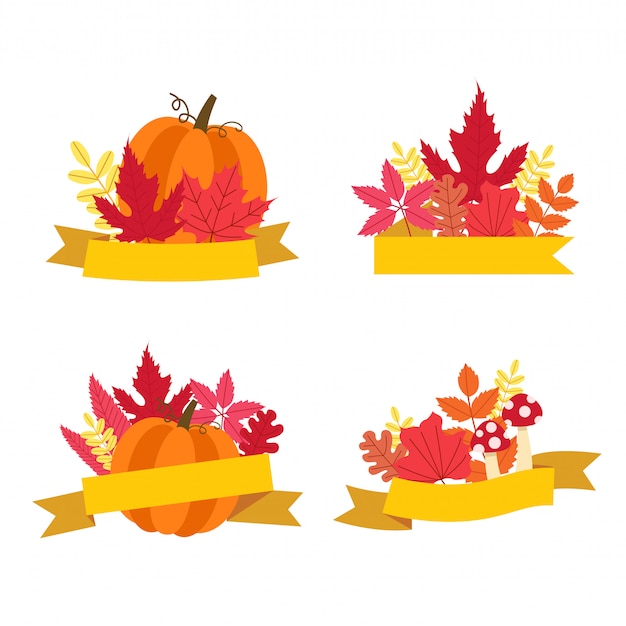 Collection of autumn leaf, pumpkin with ribbon template.