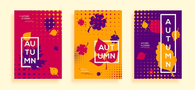 Collection of autumn retro poster template Flat bright fall leaves