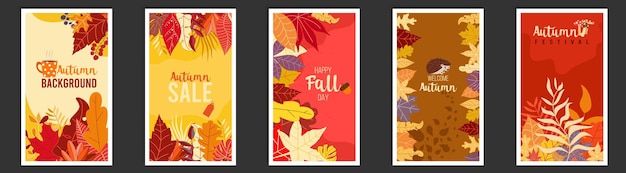 Collection of autumn sale and other typography flyer template with lettering Bright fall leaves Poster card label banner design set Vector illustration EPS10