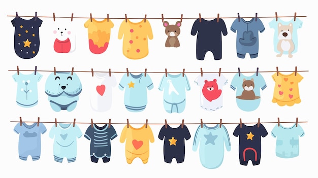 a collection of baby clothes hanging on a clothesline