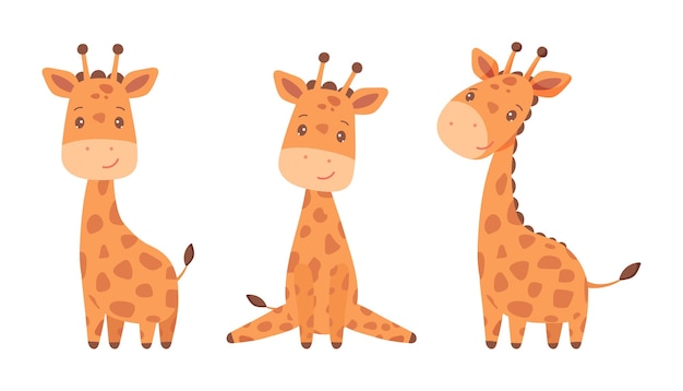 Collection of baby giraffes Animals of Africa Wildlife Vector illustration of cute happy giraffe