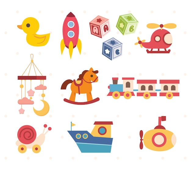 Vector collection of baby toys cute and colorful icons rattles teddy bears blocks cars