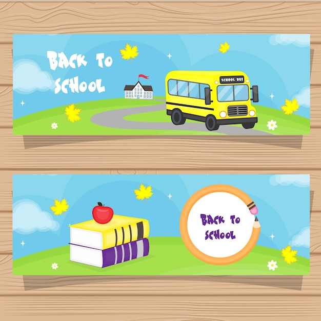 Collection of banners Back to school school bus goes to school books with apple vector illustration