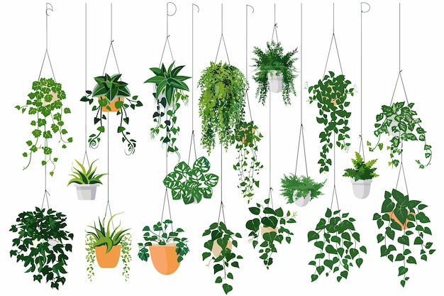 Collection of beautiful plants hanging in various pots isolated on white background