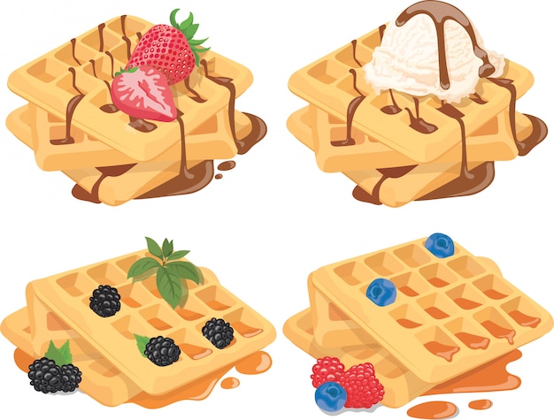 Collection of Belgian waffles with fruit fillings. Set of sweet pastries with cream and fruits