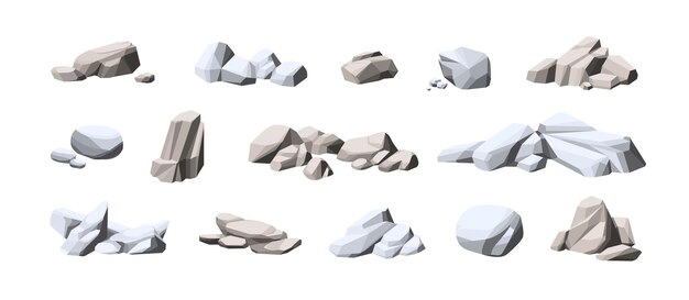 Vector collection of big and small heavy stones set of natural solid rocks composition of cobblestone piles cartoon vector illustration of gray boulders isolated on white background