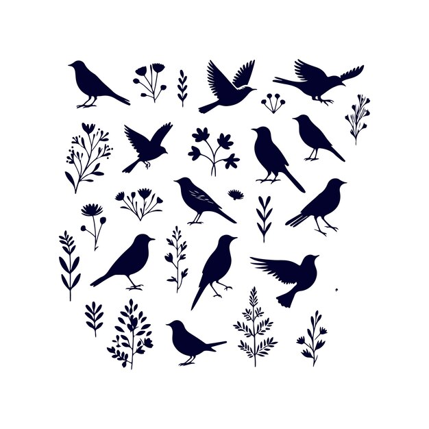 Vector a collection of birds and flowers with a white background