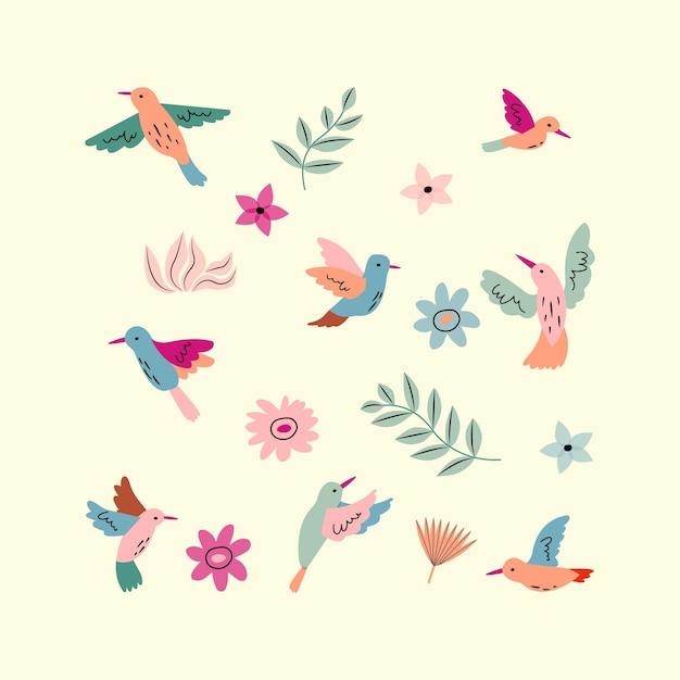 Vector collection of birds and flowers