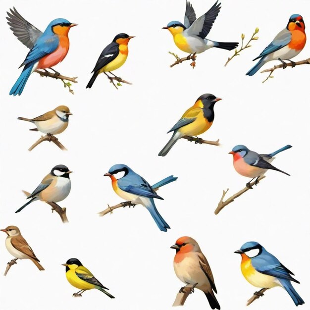 a collection of birds including one with the blue and yellow on the bottom