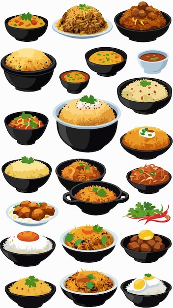 A collection of biryani dishes cartoon drawing artwork illustration vector