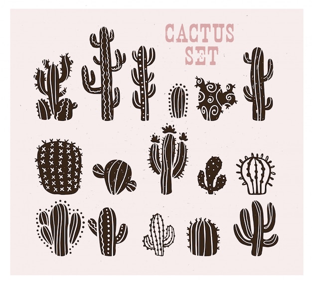 collection of black hand drawn cactus sketch collection isolated. Flat cactus icon set. Nature elements illustration.