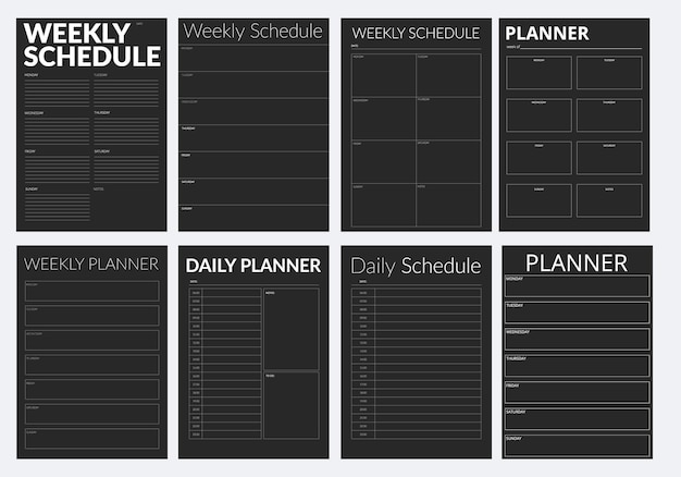 Vector a collection of black planner pages in a minimalistic style a modern business organizer with notes and goals planner page template