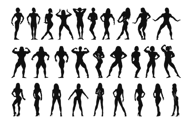 Collection of black silhouettes of female bodybuilders