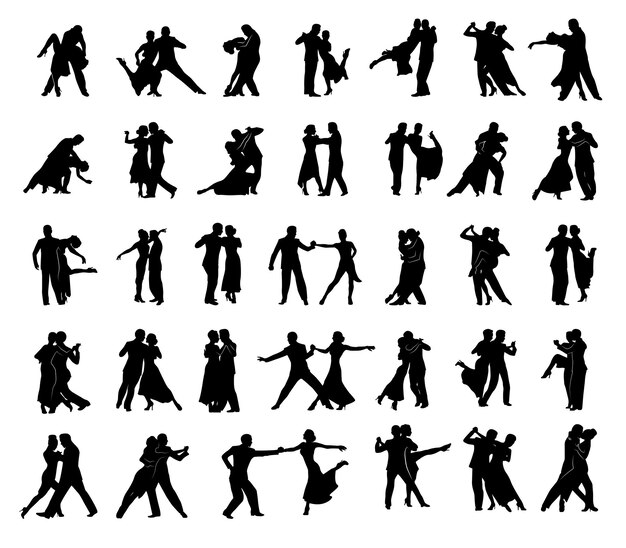 Collection of black silhouettes of a man and a woman dancing tango Character shadows