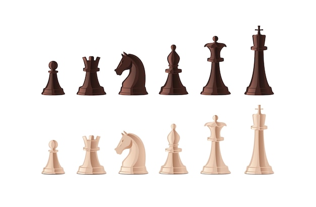 Collection of black and white chess pieces isolated on white background. Bundle of figures for strategy board game, leisure activity, mind sport. Colorful vector illustration in cartoon style.