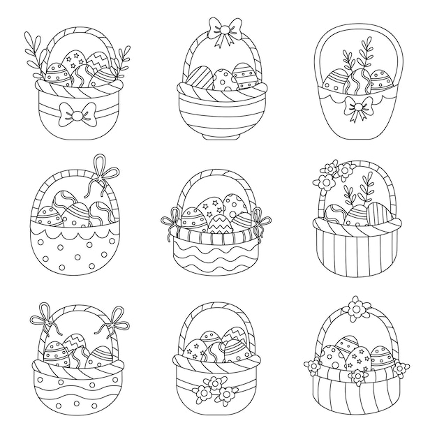 Collection of black and white Easter baskets isolated on white background.