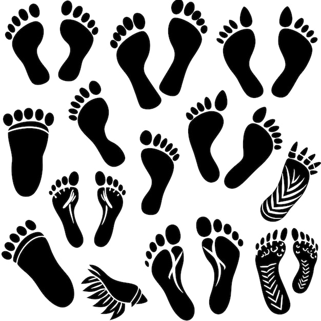 Vector a collection of black and white footprints with a black and white background