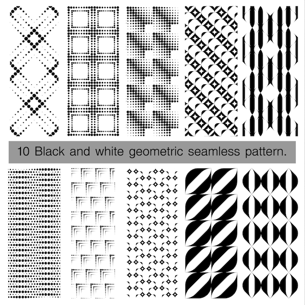 Collection of black and white geometric seamless pattern.