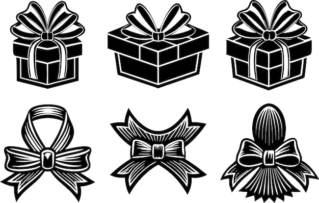 a collection of black and white gift boxes with a bow and bow