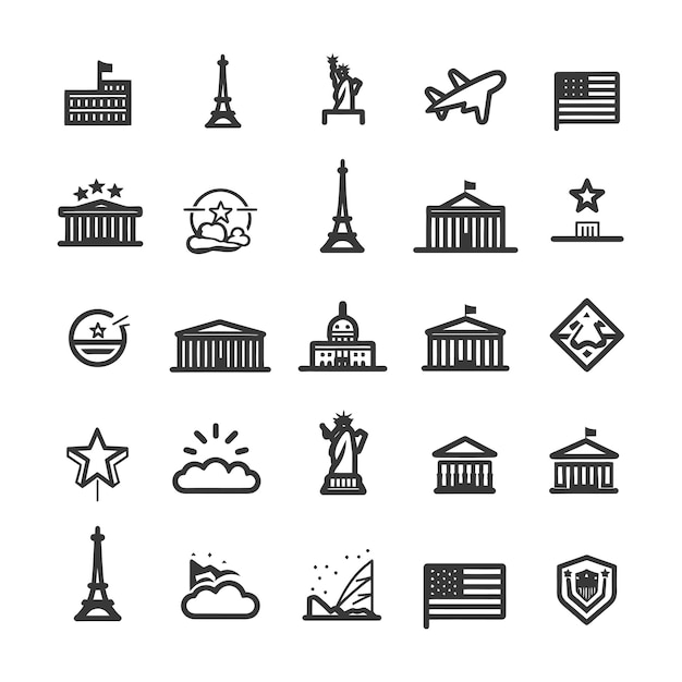 Vector a collection of black and white icons depicting famous landmarks and symbols of america and france