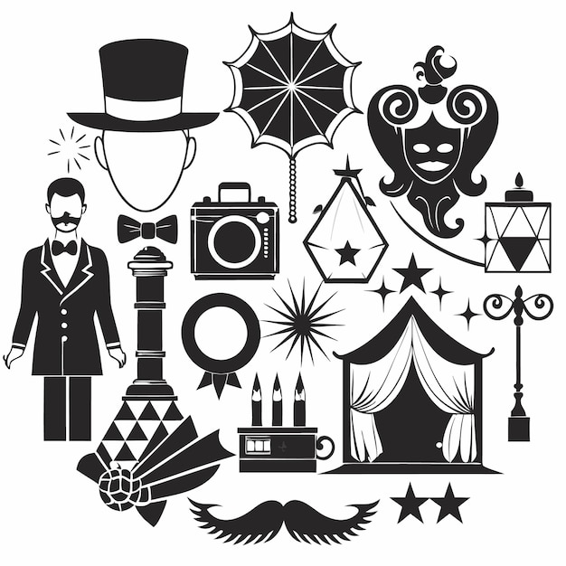 Vector a collection of black and white icons depicting a variety of symbols including a top hat a camera a star a lamppost and a tent