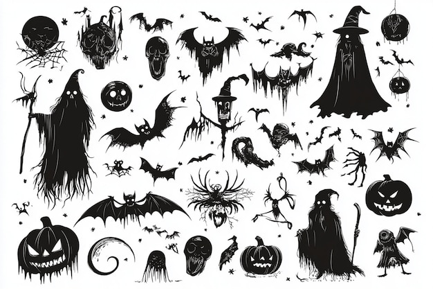 a collection of black and white illustrations including a black ghost