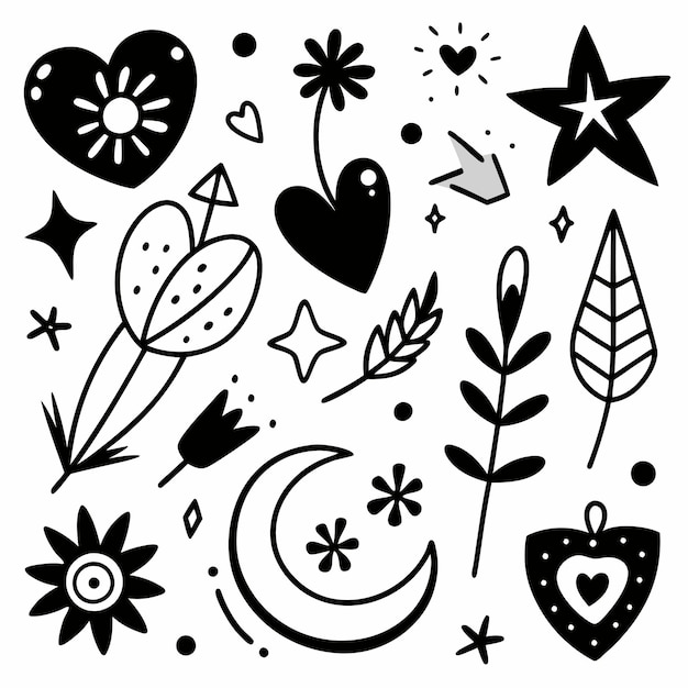 a collection of black and white illustrations with the moon and stars