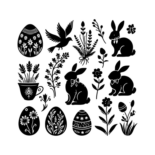 Vector a collection of black and white images of easter eggs and flowers