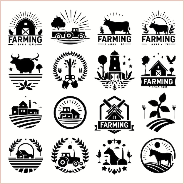 Vector a collection of black and white images of farm animals and farm animals