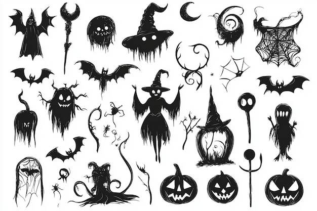 a collection of black and white images including a witch and a witch